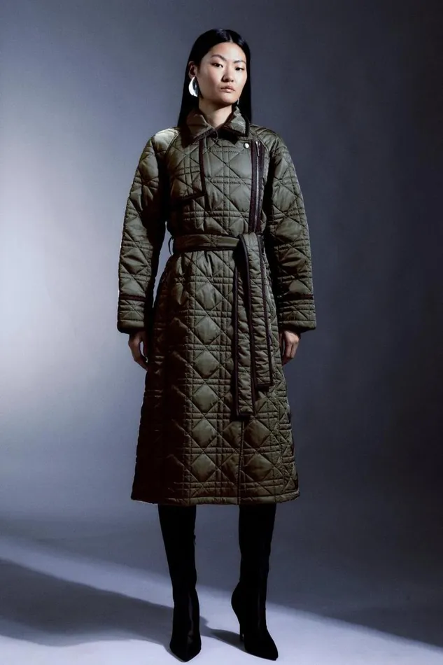 Coats and Jackets Women Karen Millen Petite Diamond Quilt Contrast Binding Belted Trench Coat Khaki Coats and Jackets Women Karen Millen Petite Diamond Quilt Contrast Binding Belted Trench Coat Khaki
