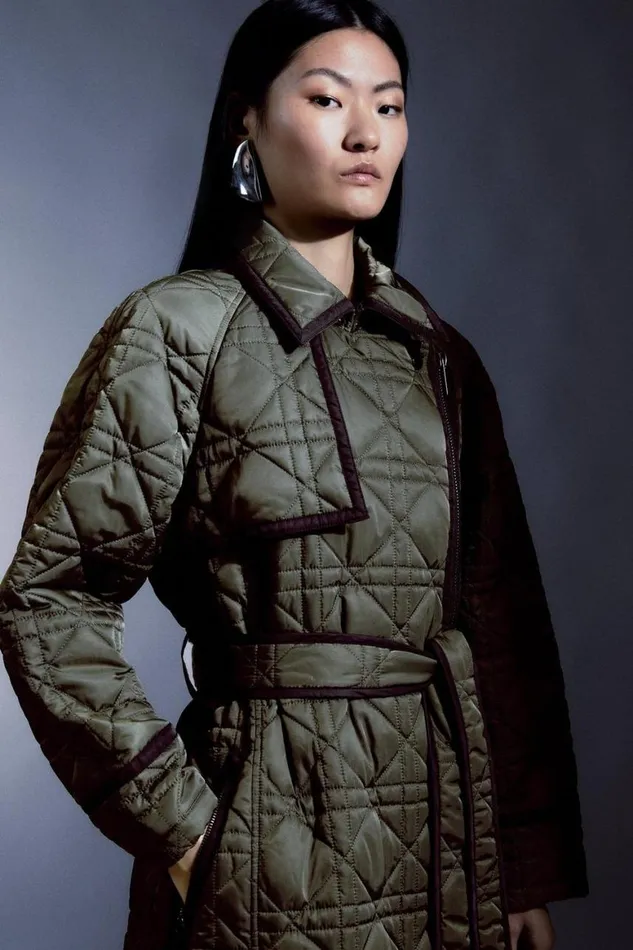 Coats and Jackets Women Karen Millen Petite Diamond Quilt Contrast Binding Belted Trench Coat Khaki