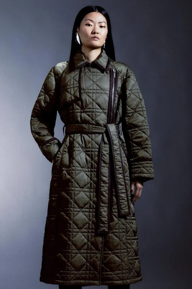 Coats and Jackets Women Karen Millen Petite Diamond Quilt Contrast Binding Belted Trench Coat Khaki