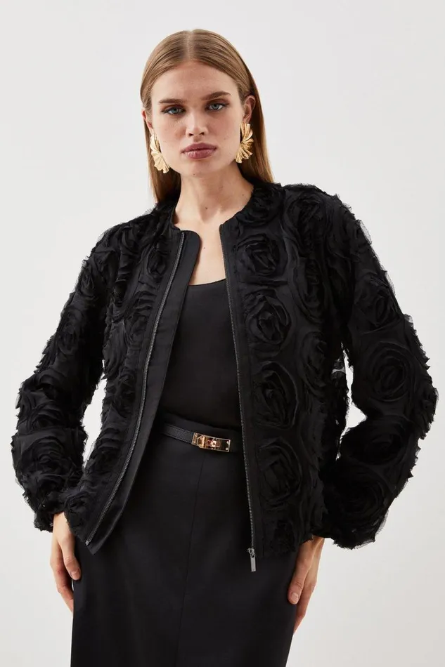 Coats and Jackets Women Karen Millen Rosette Woven Bomber Jacket Black
