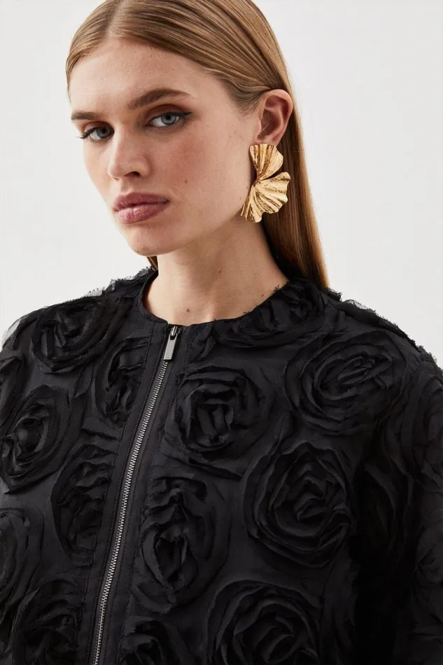 Coats and Jackets Women Karen Millen Rosette Woven Bomber Jacket Black