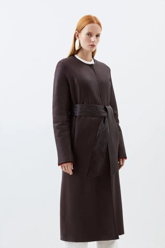 Coats and Jackets Women Karen Millen Shearling Collarless Tie Belt Reversible Midi Coat Fig Coats and Jackets Women Karen Millen Shearling Collarless Tie Belt Reversible Midi Coat Fig