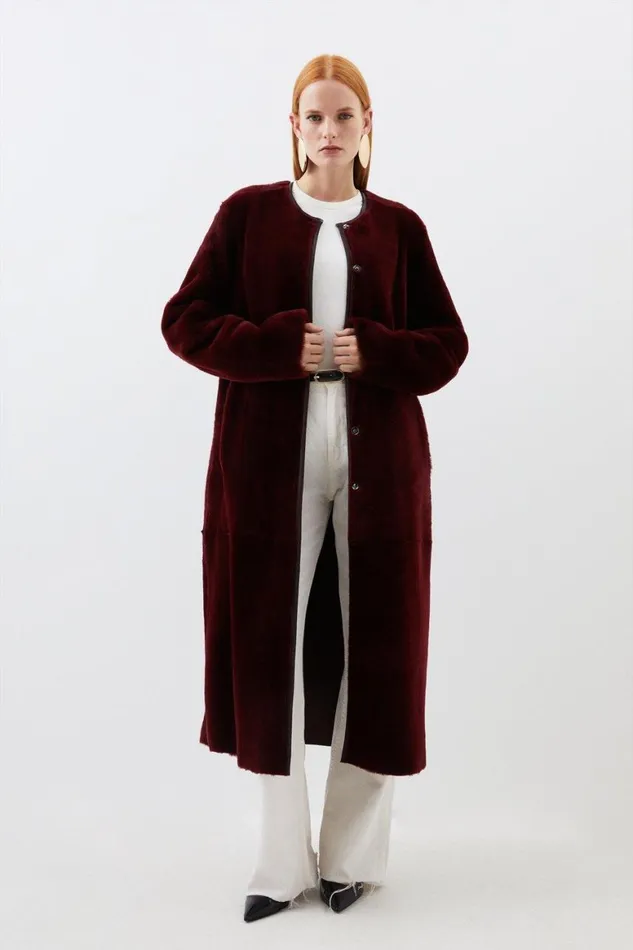 Coats and Jackets Women Karen Millen Shearling Collarless Tie Belt Reversible Midi Coat Fig