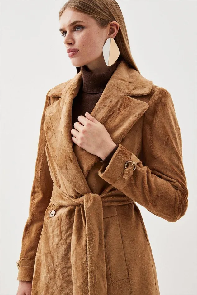 Coats and Jackets Women Karen Millen Signature Ponyskin Belted Midi Coat Camel