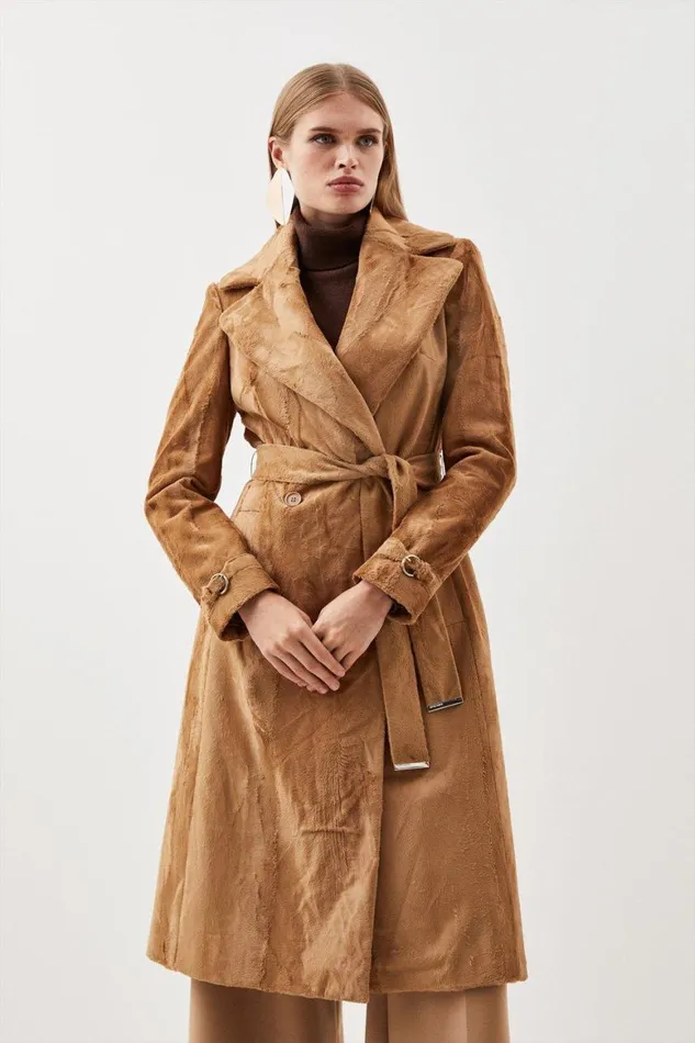 Coats and Jackets Women Karen Millen Signature Ponyskin Belted Midi Coat Camel