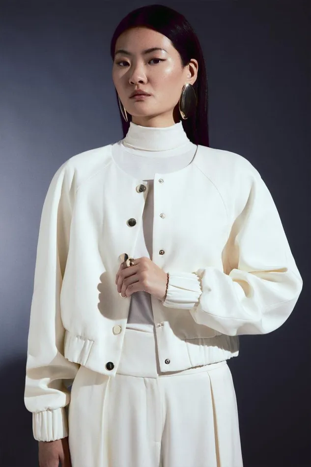 Coats and Jackets Women Karen Millen Tailored Compact Stretch Cropped Bomber Jacket Ivory Coats and Jackets Women Karen Millen Tailored Compact Stretch Cropped Bomber Jacket Ivory