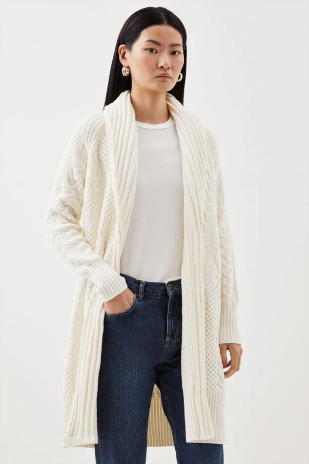 Coats and Jackets Women Karen Millen Viscose Blend Shawl Collar Cable Knit Coatigan Ivory Coats and Jackets Women Karen Millen Viscose Blend Shawl Collar Cable Knit Coatigan Ivory