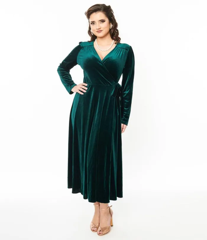 Collectif 1940s Green Velvet Kendra Wrap Dress Dresses Unique Vintage Wrap Dresses