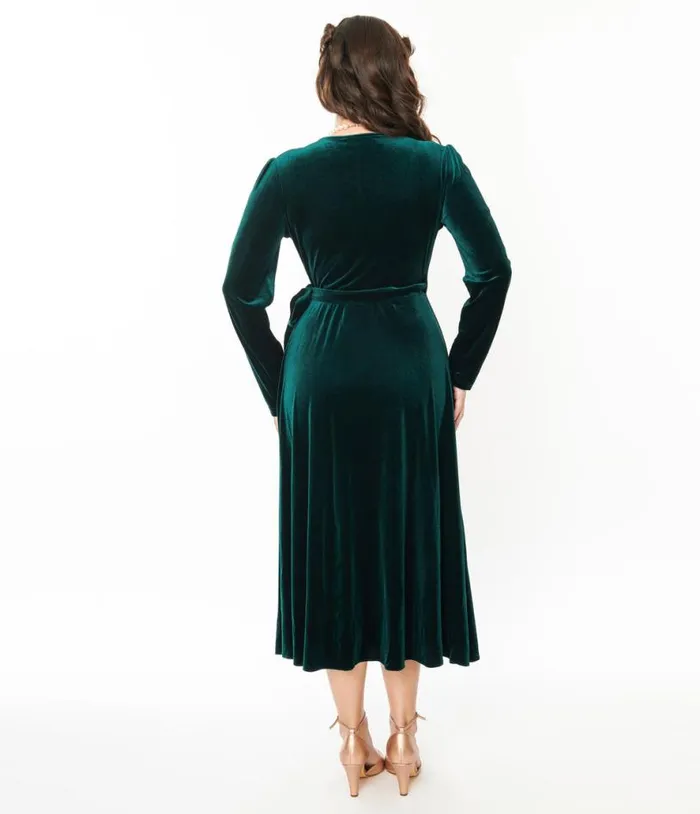 Collectif 1940s Green Velvet Kendra Wrap Dress Dresses Unique Vintage Wrap Dresses