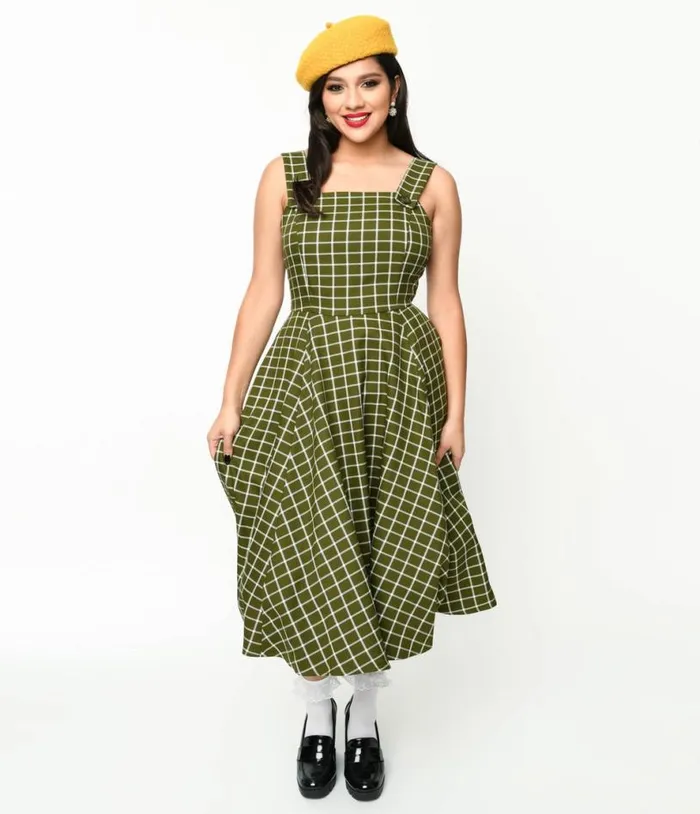 Collectif Green and White Checked Eloise Acres Swing Dress DressesPlus Unique Vintage Pocket Dresses