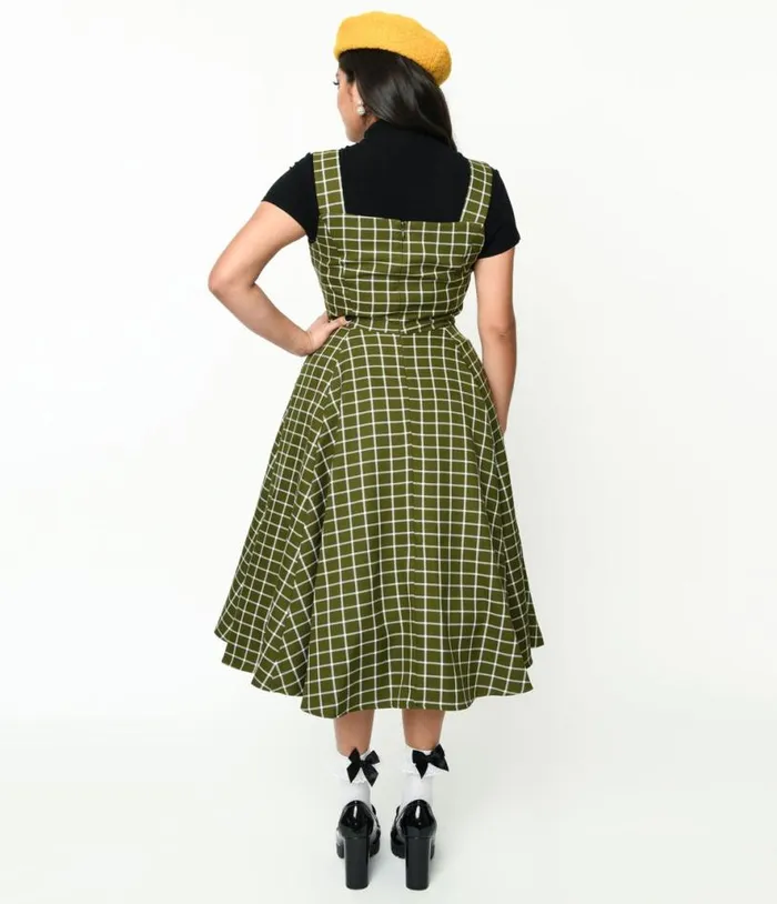 Collectif Green and White Checked Eloise Acres Swing Dress DressesPlus Unique Vintage Pocket Dresses