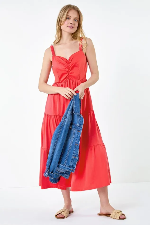 Coral Cotton Strappy Tiered Midi Dress Women Roman Dresses
