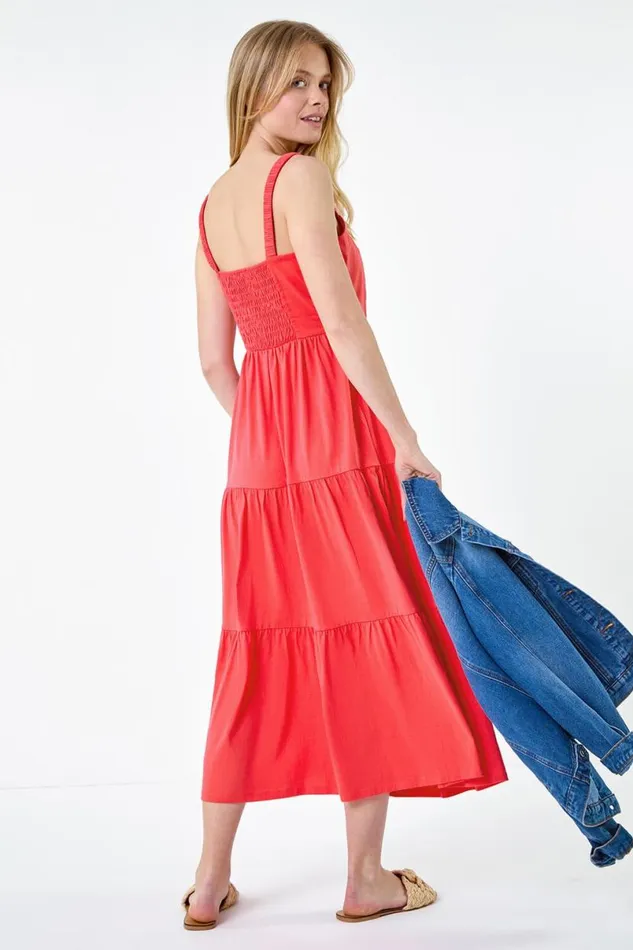 Coral Cotton Strappy Tiered Midi Dress Women Roman Dresses