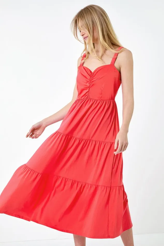 Coral Cotton Strappy Tiered Midi Dress Women Roman Dresses