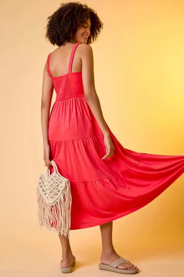 Coral Cotton Strappy Tiered Midi Dress Women Roman Dresses