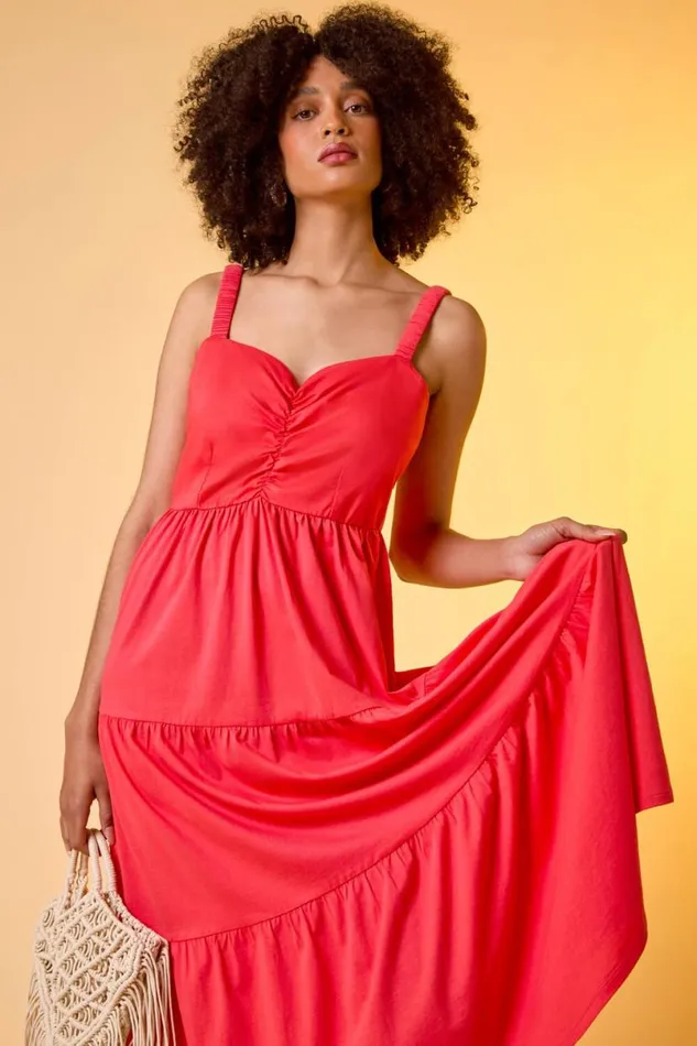 Coral Cotton Strappy Tiered Midi Dress Women Roman Dresses