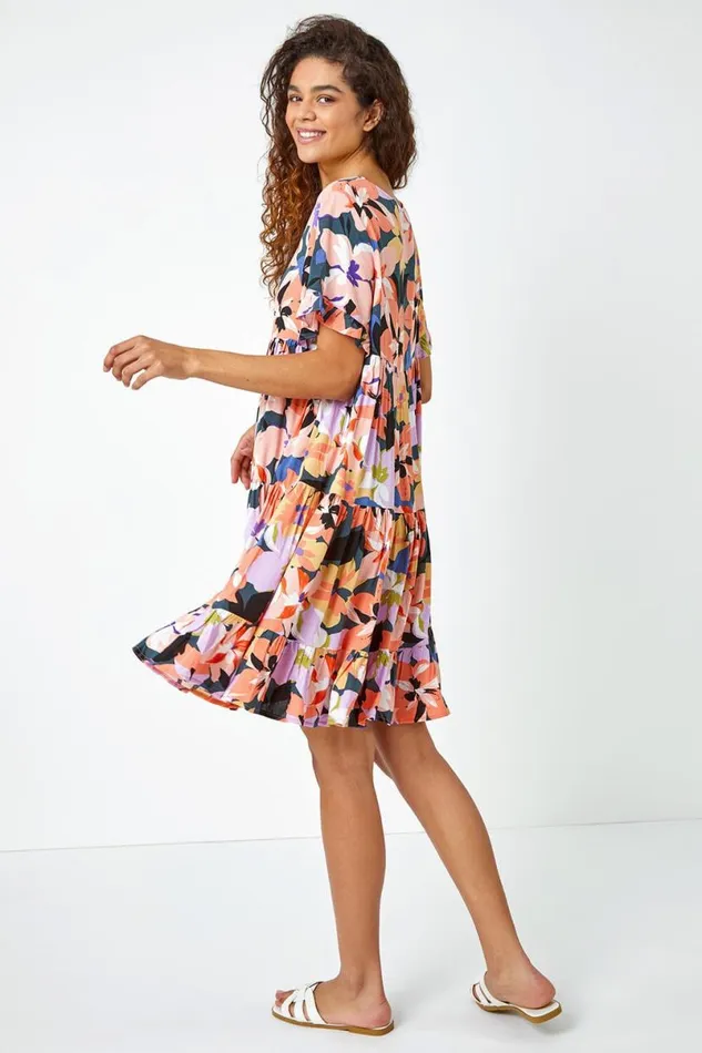 Coral Floral Print Frill Hem Dress Women Roman Dresses