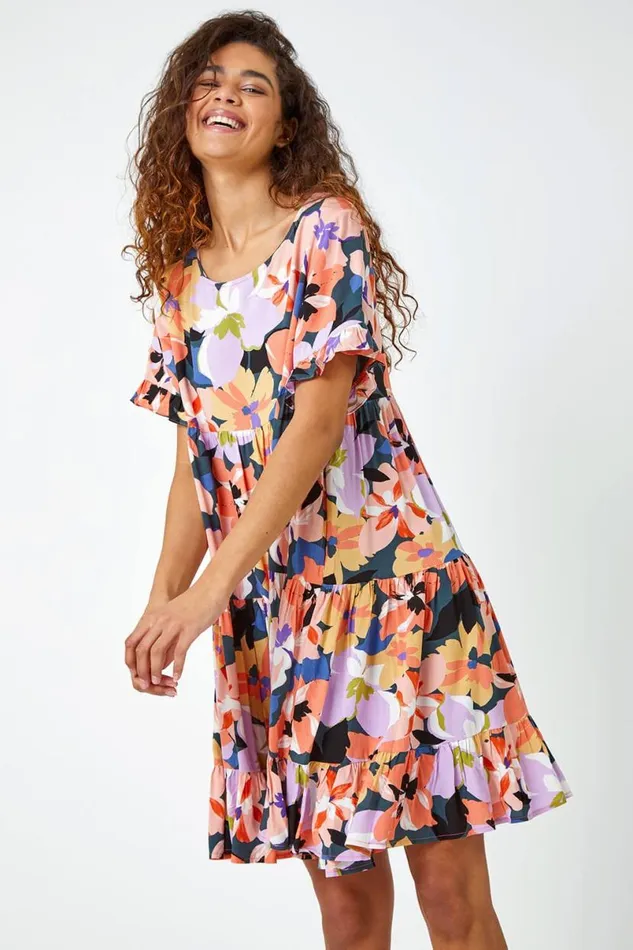 Coral Floral Print Frill Hem Dress Women Roman Dresses