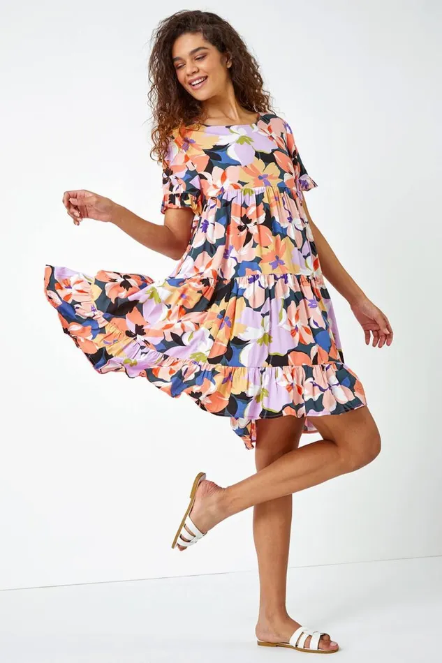 Coral Floral Print Frill Hem Dress Women Roman Dresses