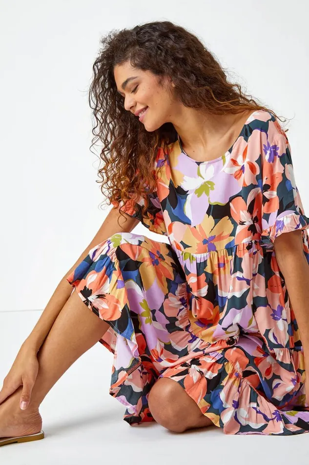 Coral Floral Print Frill Hem Dress Women Roman Dresses