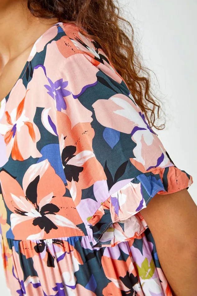 Coral Floral Print Frill Hem Dress Women Roman Dresses