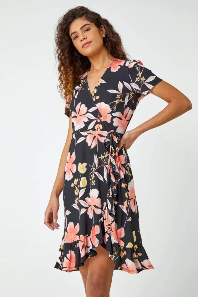 Coral Floral Print Frill Hem Wrap Dress Women Roman Dresses