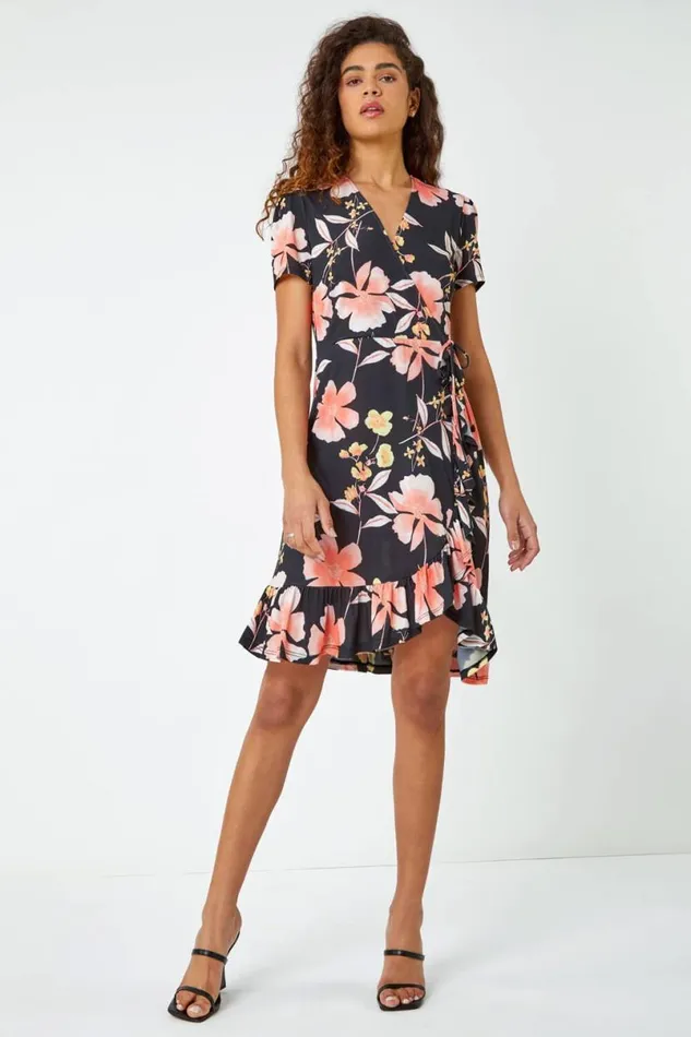 Coral Floral Print Frill Hem Wrap Dress Women Roman Dresses
