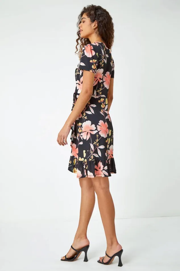 Coral Floral Print Frill Hem Wrap Dress Women Roman Dresses