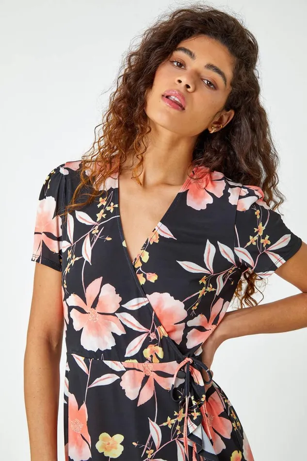 Coral Floral Print Frill Hem Wrap Dress Women Roman Dresses