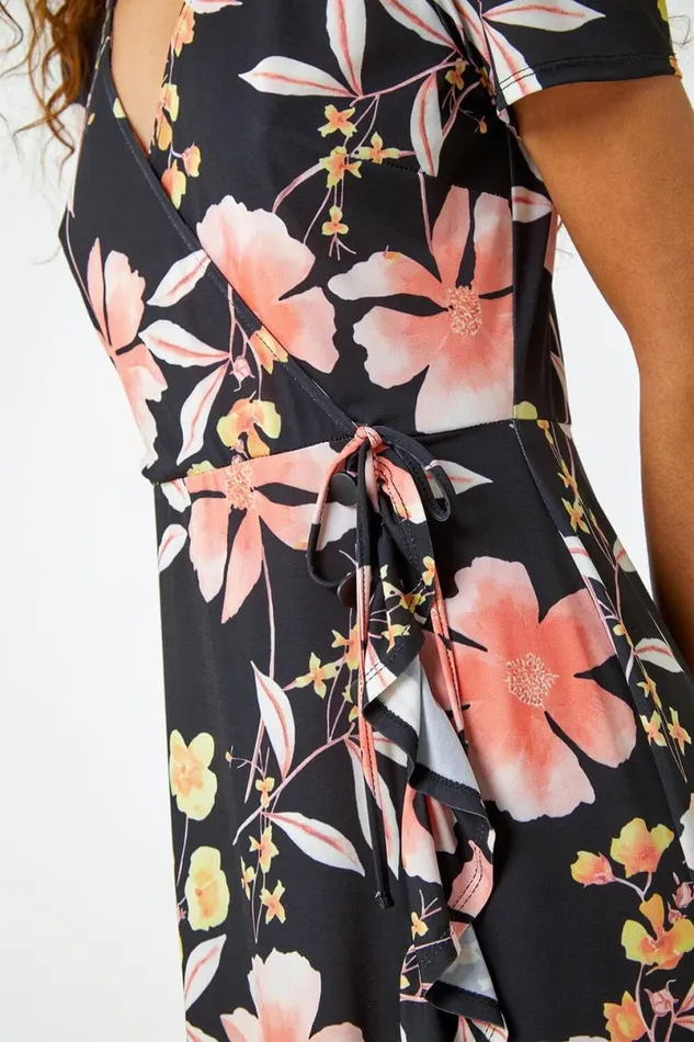Coral Floral Print Frill Hem Wrap Dress Women Roman Dresses