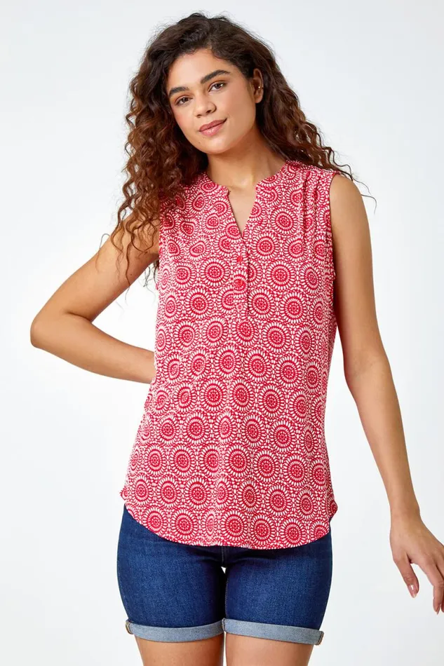 Coral Mosaic Print Stretch Jersey Top Women Roman Tops