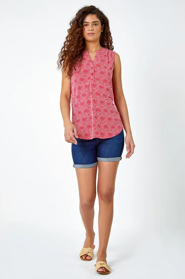 Coral Mosaic Print Stretch Jersey Top Women Roman Tops