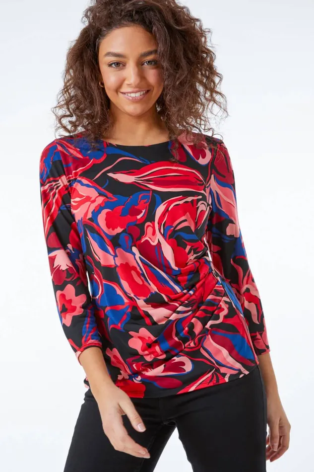 Coral Petite Abstract Floral Ruched Top Women Roman Tops