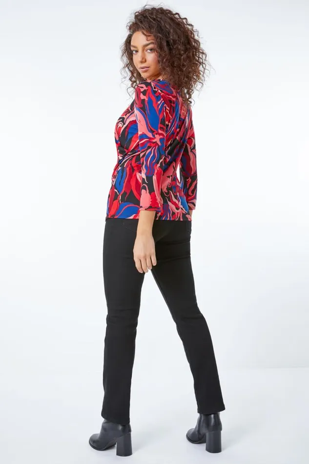 Coral Petite Abstract Floral Ruched Top Women Roman Tops