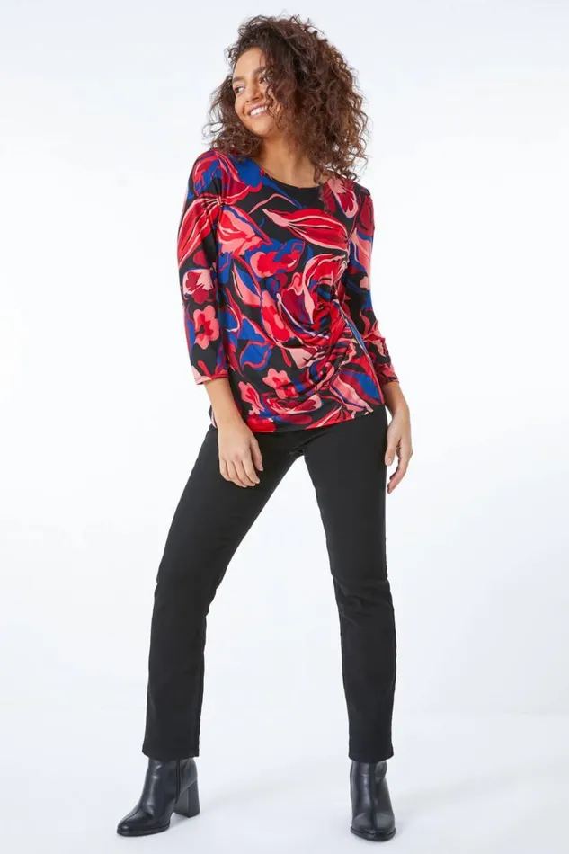 Coral Petite Abstract Floral Ruched Top Women Roman Tops