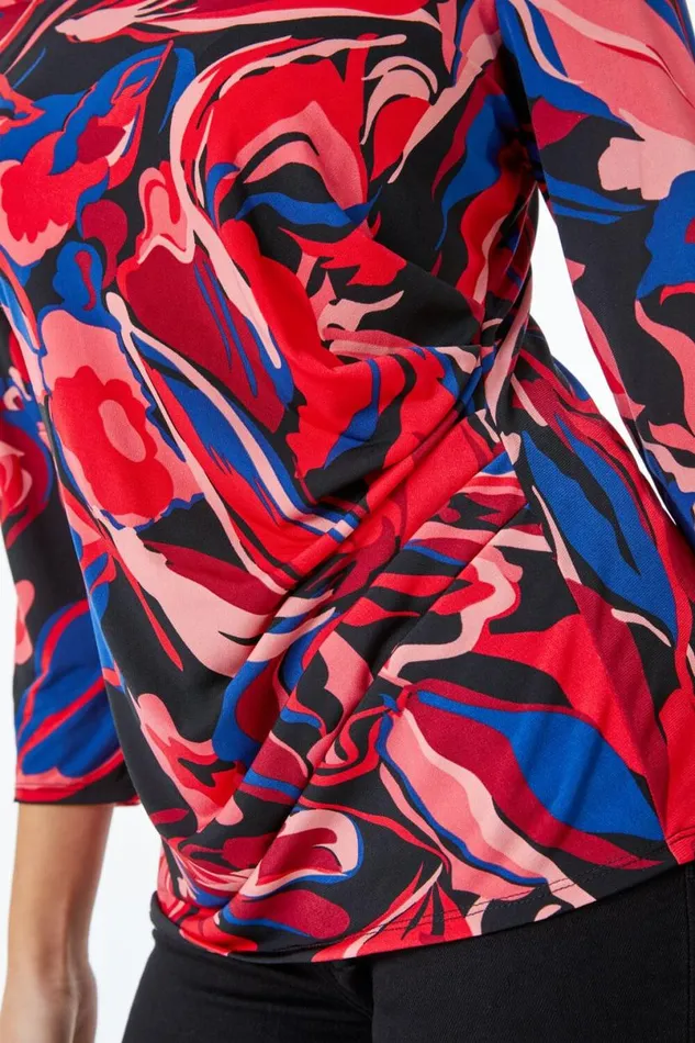 Coral Petite Abstract Floral Ruched Top Women Roman Tops