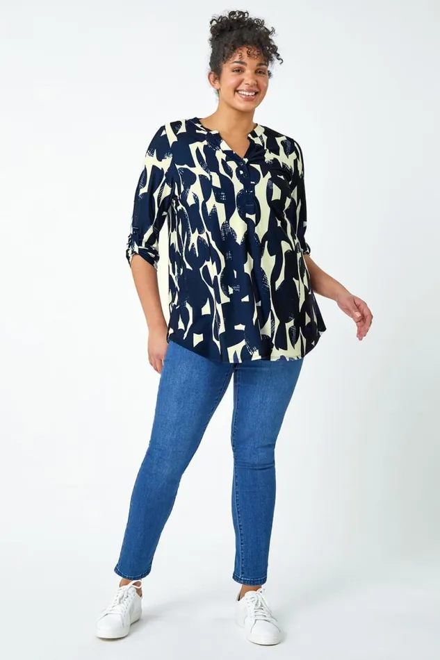 Curve Abstract Print VNeck Jersey Tunic Top Women Roman Tops