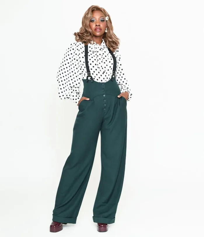 Dark Emerald Thelma Suspender Pants ClothingPlus Unique Vintage Pants