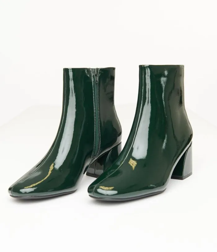 Dark Green Patent Leatherette Booties Shoes Unique Vintage Boots