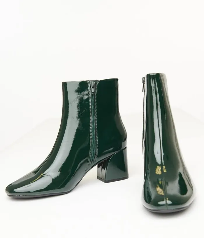 Dark Green Patent Leatherette Booties Shoes Unique Vintage Boots