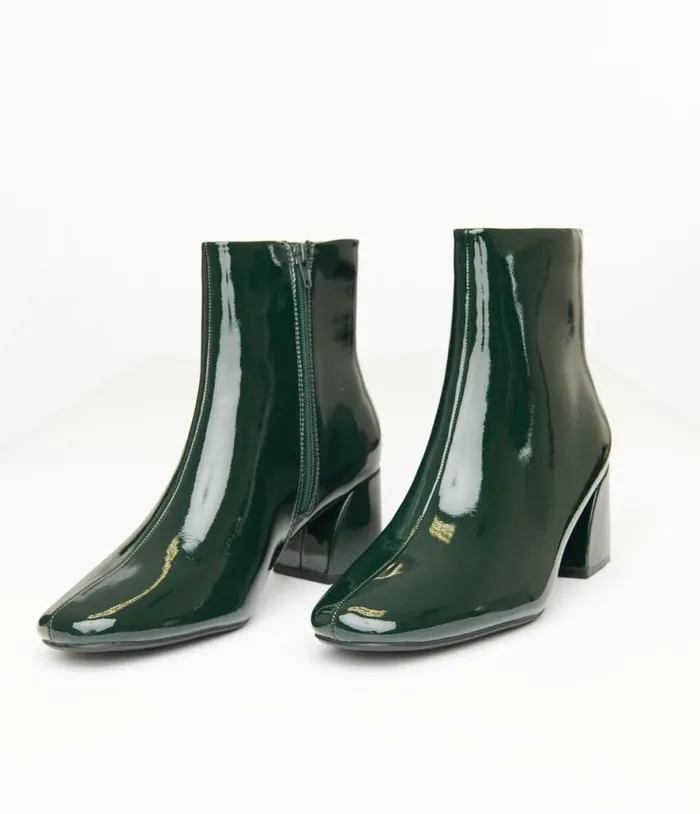 Dark Green Patent Leatherette Booties Shoes Unique Vintage Boots