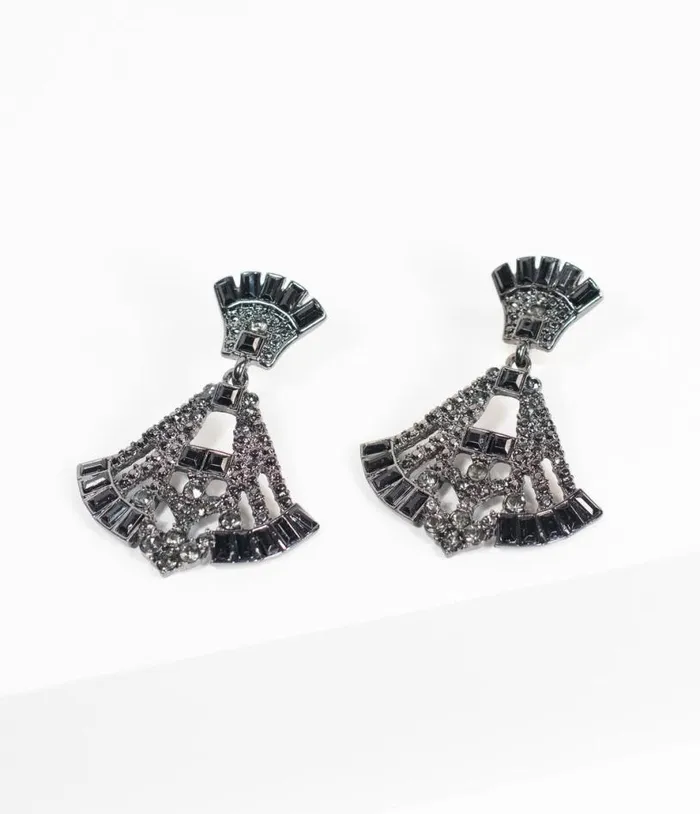Deco Style Black Rhinestone Drop Fan Earrings Accessories Unique Vintage Earrings