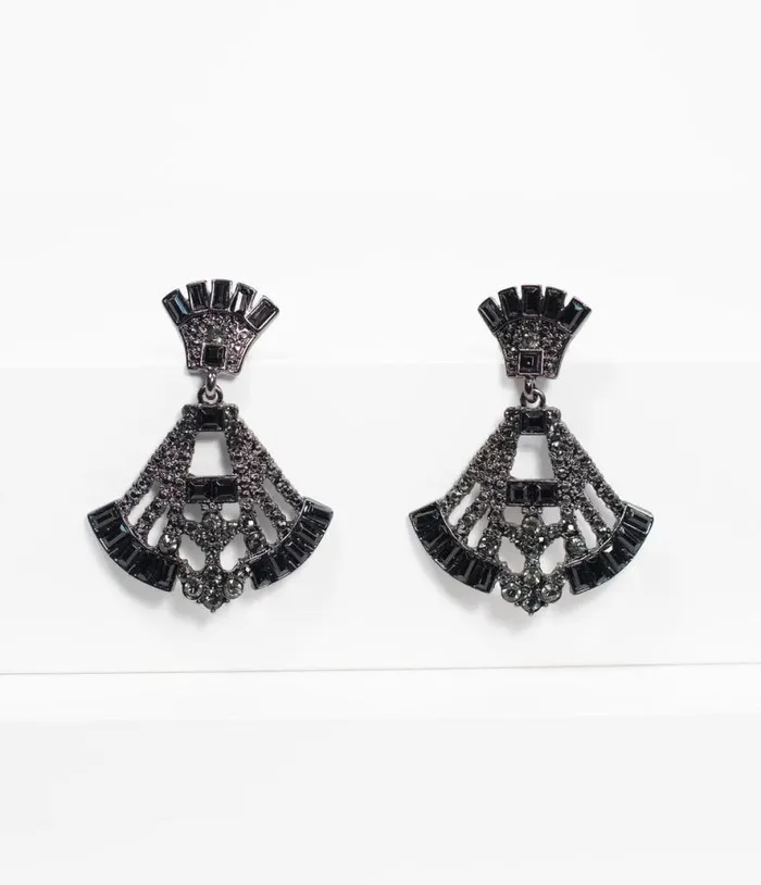 Deco Style Black Rhinestone Drop Fan Earrings Accessories Unique Vintage Earrings