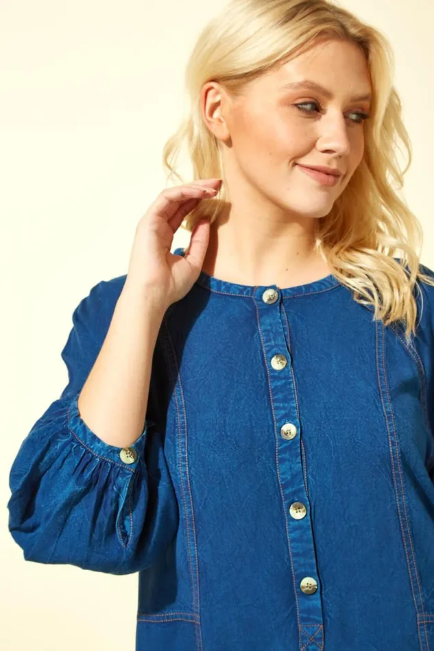 Denim Blue Button Detail Denim Panel Dress Women Roman Dresses