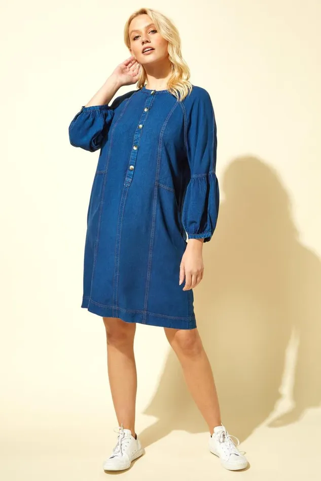Denim Blue Button Detail Denim Panel Dress Women Roman Dresses