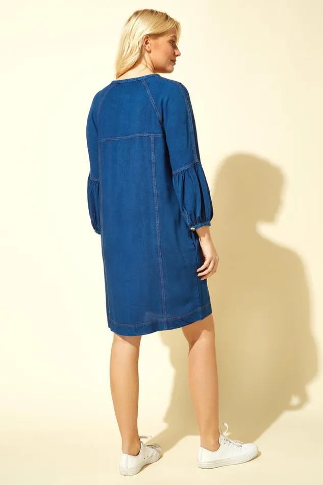Denim Blue Button Detail Denim Panel Dress Women Roman Dresses
