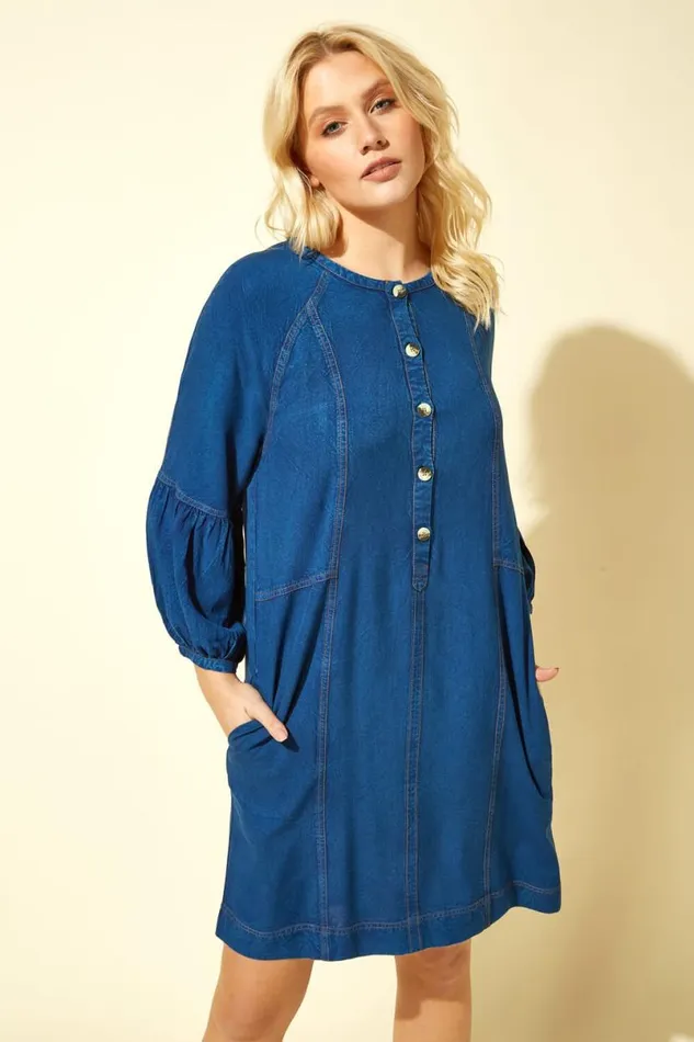 Denim Blue Button Detail Denim Panel Dress Women Roman Dresses