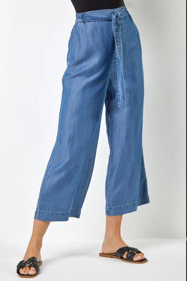 Denim Elastic Tie Waist Cropped Culottes Women Roman Trousers