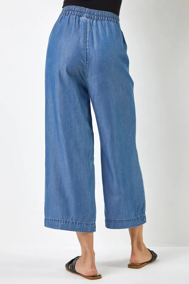 Denim Elastic Tie Waist Cropped Culottes Women Roman Trousers