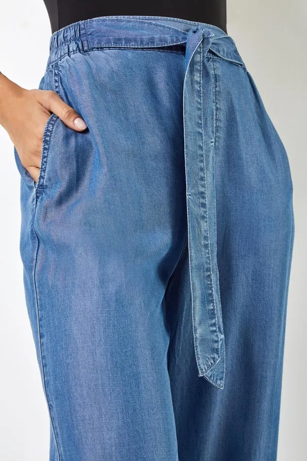 Denim Elastic Tie Waist Cropped Culottes Women Roman Trousers